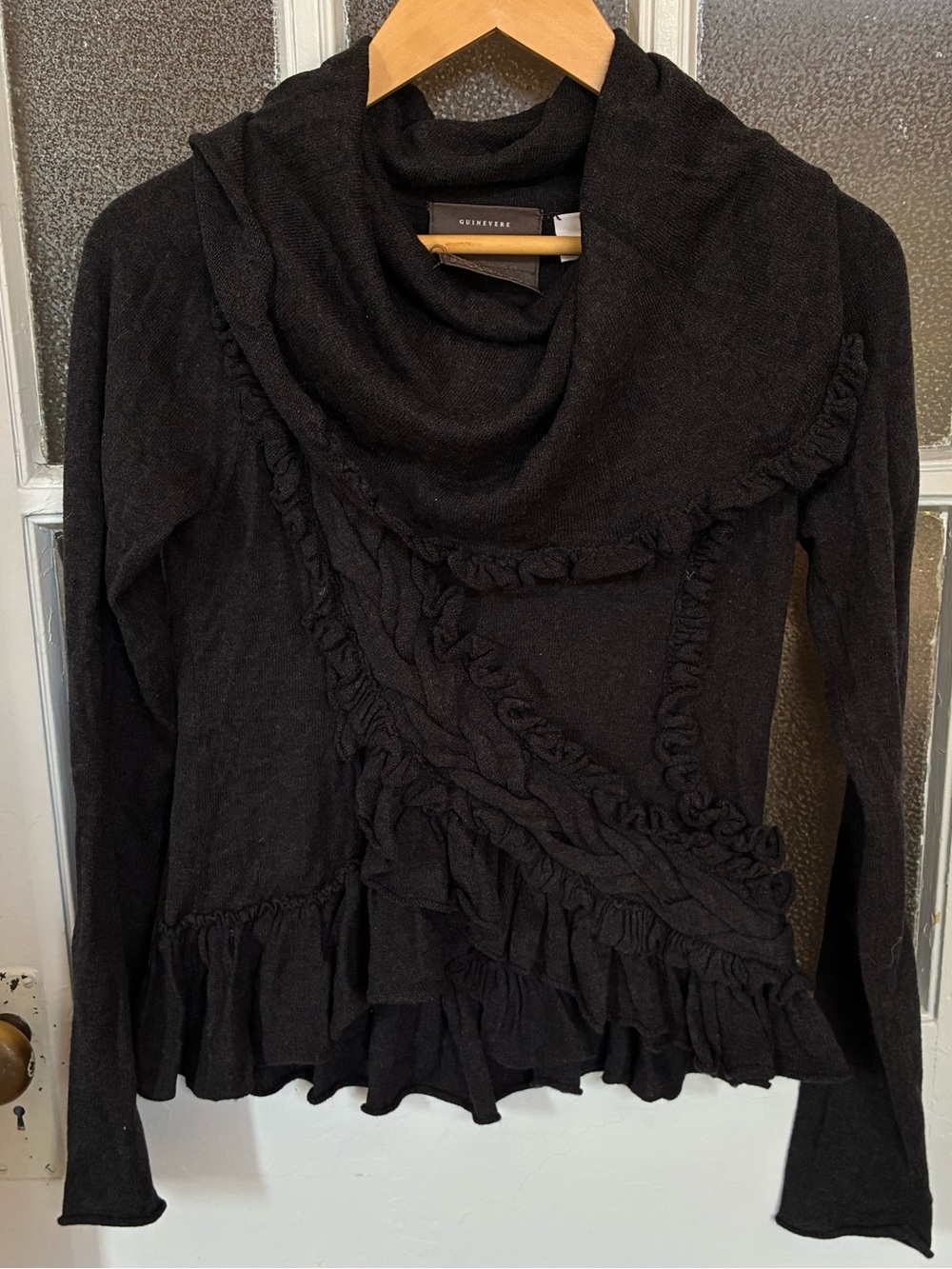 Anthropologie Guinevere Black Ruffle Cowl Neck Sweater Romantic Goth